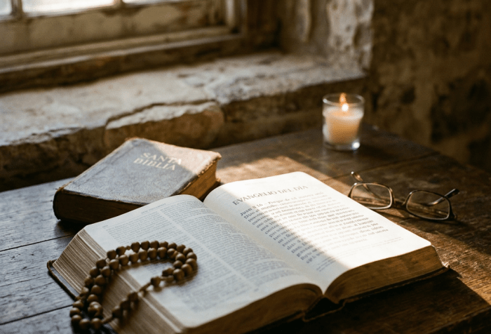 Open Bible with rosary beads, glasses, and lit candle on wooden table by window