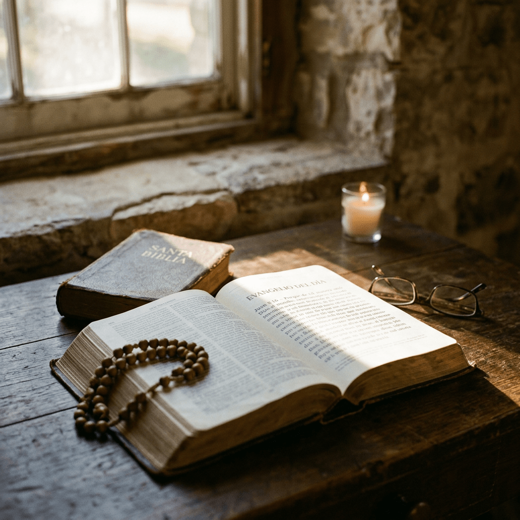 Open Bible with rosary beads, glasses, and lit candle on wooden table by window